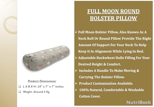 Image of Buckwheat Hulls Round Bolster Pillow | Cotton Material | Reduced Stress on Spine, Neck Pain Relief | Effective Support for Side and Back Sleepers | Urban Beige
