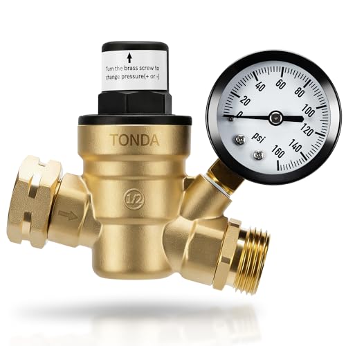 TONDA RV Water Pressure Regulator, Brass Lead-Free Adjustable Pressure Regulator with Gauge and Inlet Screen Filter for RV Camper Travel Trailer Water Hose