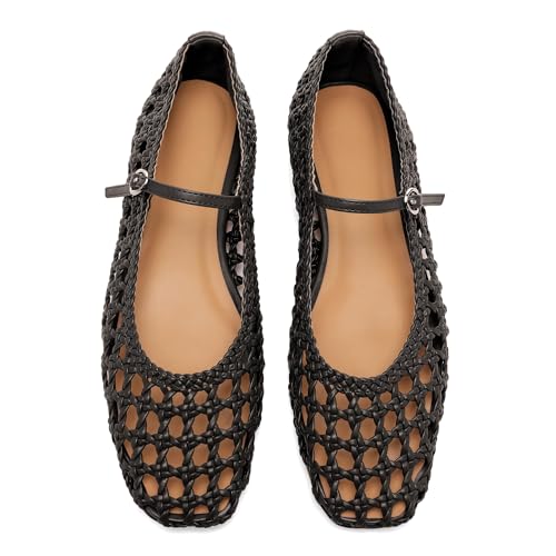 Image of Molozoey Woven Mesh Ballet Flats for Women with Metal Buckle Strap Ballerina Flat Shoes Comfortable Round Toe Mary Jane Flat.