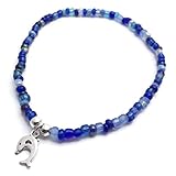 Dolphin Charm Anklet - Blue Glass Seed Bead Mix with Silver Tone Charm - Size M 10 inches