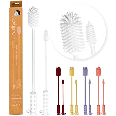 purifyou Silicone Water Bottle Cleaning Brush Set, 16-inch & 12-inch, Flexible, Durable, Silicon Bottle Brushes for Thorough Cleaning of Bottles, Lids, Glasses, & Baby Bottles (White) Cover