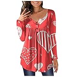 Valentinstag Oberteile Damen Valentinstag Liebesdruck O-Ausschnitt Tops Langarm Freizeit Plissiertes Knopfloses T-Shirt Bluse Valentine's Day Tunika Hemd für Frühling