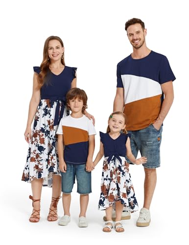 Image of PATPAT Family Matching Outfits Mommy and Me Outfits Floral Dress & Tee Sets | Couples Matching Outfits, Women Girl Flutter Sleeve Dress, Men Boy Cotton Blend T-shirts, Beach Vacation, Family Photoshoot