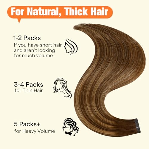 Image of Full Shine Holed Tape in Hair Extensions, Medium Brown Honey Blonde 24 Inch | 50g 20 PCS, Remy Human Hair Extensions Tape In, Invisible Construction, Full Appearance, Party Styling, Straight Texture