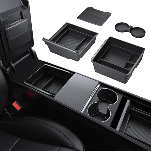 BASENOR 2026 Tesla Model Y Model 3 Center Console Organizer Tray Cup Holder Armrest Hidden Storage Box for 2025 2026 Model Y Juniper 2024 2025 2026 Tesla 3 Highland
