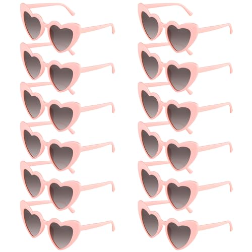 BOUBONI 6/12/24 Pack Heart Sunglasses Vintage Heart Shaped Glasses Bulk Bachelorette Sunglasses for Women Wedding Party (12 Pink)