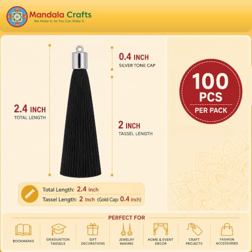 Image of Mandala Crafts Small Silver Tone Cap Black Bookmark Tassels with Loops | 100 PC, Machine Washable, Polyester, Mini, for Crafts Jewelry Making Graduation Decorations Keychains Gift Tags & Ornaments