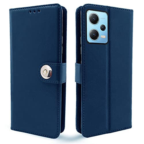 Image of Pikkme Poco X5 5G / Redmi Note 12 5G Flip Cover Leather Finish | Inside TPU with Card Pockets | Wallet Stand and Shock Proof | Complete Protection Button Flip Case (Blue)