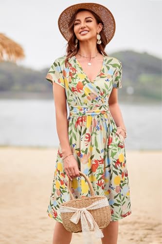 Image of Newshows Womens Summer Short Sleeve Casual Dresses V Neck Floral Vacation Sundress Faux Wrap Midi Dress with Pockets