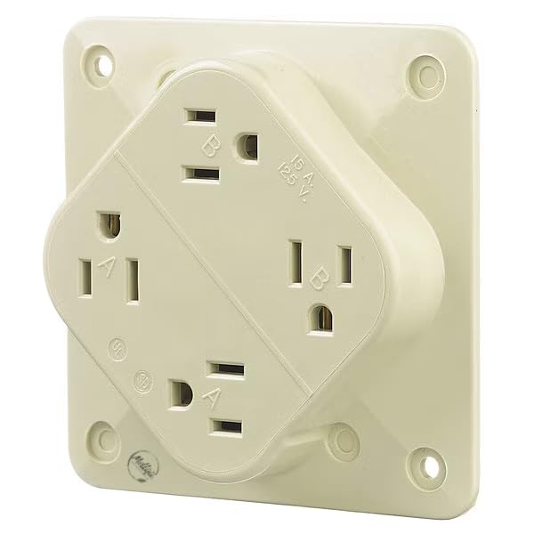 Receptacle, 15 A Amps, 125V AC, Surface Mount, Quad Outlet, 5-15R, Ivory