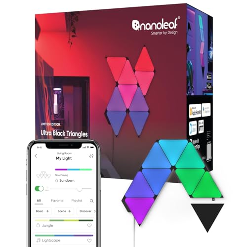 Nanoleaf Shapes Ultra Black Triangle Starter Kit, 9 Smart Light Panels LED RGBW - Modular Wi-Fi Colour Changing Wall Lights, Works with Alexa Google Assistant Apple Homekit, for Room Decor & Gaming