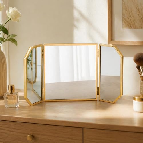 Wonderjune 24 x 12 Trifold Vanity Makeup Mirror with Stand on Tabletop Polygon Gold Decorative Three Sided Mirror Decor for Modern Home Bedroom Living Room