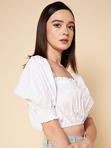 Image of HIGH Star Women's Square Neck Puff Sleeve Pure Cotton Slim Fit Blouson Top