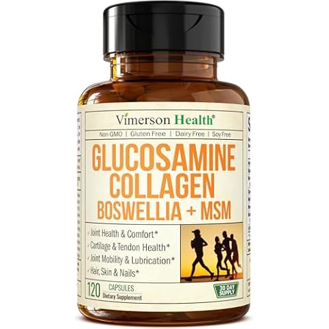 Glucosamine Chondroitin MSM with Collagen Powder. Joint Support Supplement. Bromelain, Quercetin, L-Methionine & Boswellia Extract capsules. Hair Skin and Nails Vitamins. FSA eligible. 120 caps Cover