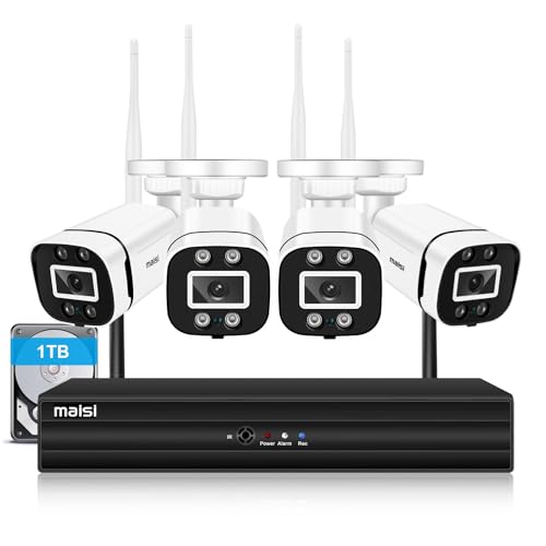 maisi 4CH Security Cameras Wireless Outdoor System 2MP CCTV NVR System for Home Security with 1TB HDD, 4X Bullet WiFi Cameras, Audio Recording, Night Vision, Human Detection APP Email Alert