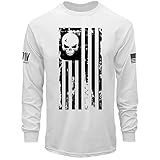 Dion Wear American Flag Skull Long Sleeve Men's T-Shirt, White, Large