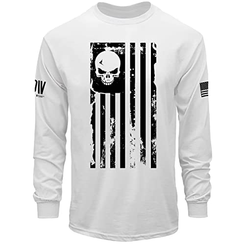 Dion Wear American Flag Skull Long Sleeve Men's T-Shirt, White, Large