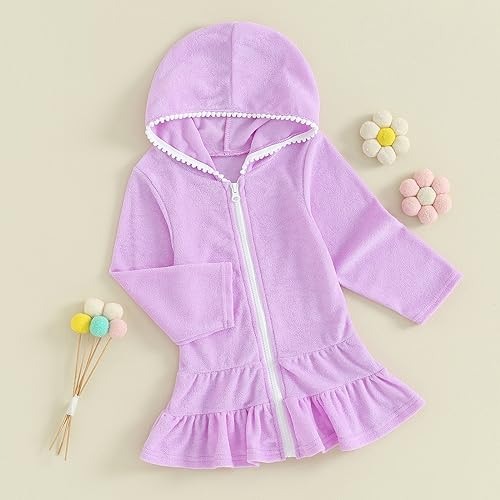 Image of Toddler Girl Swim Cover Up Long Sleeve Floral Zipper Hooded Swimsuit Little Kids Towel Beach Dress Bathing Suit