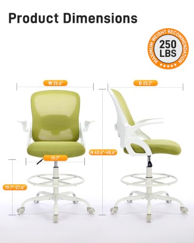 Image of LukkDys Drafting Chair with 4D Multi-Adjustable Backrest, Tall Office Chair 19.7 inch-27.6 inch Seat Height, Ergonomic Standing Desk Chair with Flip-up Arms, Foot Ring, Green&White