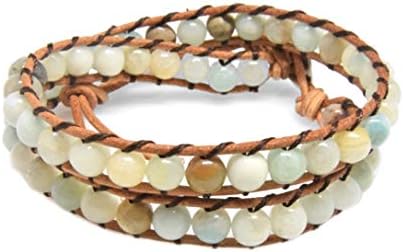 Blupear Real Stones Wrap Bracelet Handmade Woven Brown Leather Multilayer 6mm Beads Bangle Fashion Style (Amazonite)