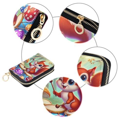 Small Women's Wallet Credit Card Wallets RFID Blocking Leather Zipper Travel Wallet with Key Ring Cute Cartoon Squirrel Forest4