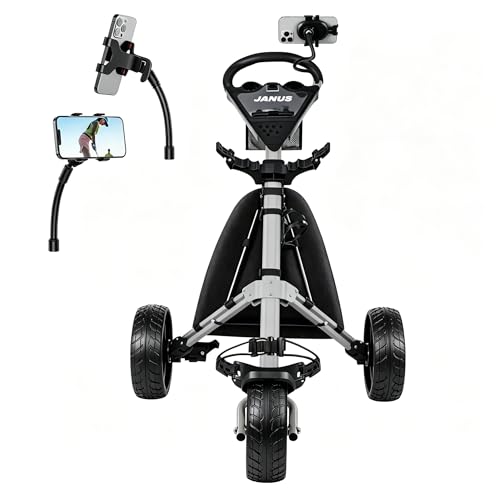 JANUS Pace Golf Push Cart with Integrated Gooseneck Viewing System, 3-Wheel Foldable Golf Cart with One-Click Folding System, EVA Wheels, Foot Brake, Cooler Bag & Golf Bag Support System