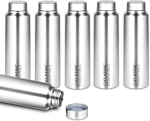 Image of CLASSIC ESSENTIALS Stainless Steel Spring Water Bottle 1 Litre Each Pack of 6 | Leak Proof Steel Water Bottles | Rust Resistant Reusable Bottles for Home, Office, School & Gym | Silver