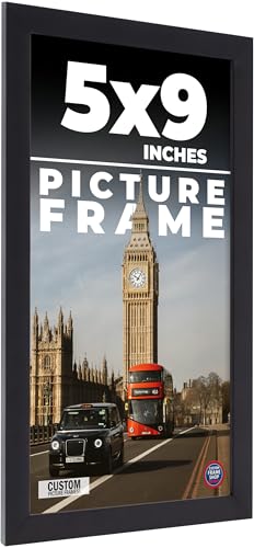 5x9 IN Frame Black Real Wood Picture Frame Width 0.75 Inches | Interior Frame Depth 0.5 Inches | Noir Classique Mid Century Photo Frame Complete with UV Acrylic, Foam Board Backing & Hanging Hardware