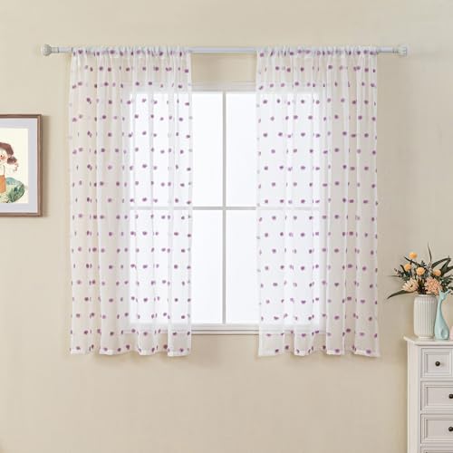 Image of MYSKY HOME Short Purple Pom Pom Curtains for Girls Bedroom 45 Inch 2 Panels | Kitchen Small Window Curtain, for Nursery Bathroom Cafe, Lilac Pom Pom, White Semi Sheer, Rod Pocket, 50 x 45 inch