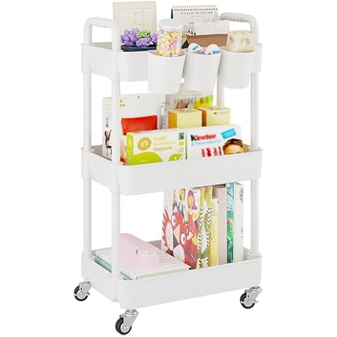 UDEAR 3-Tier Rolling Utility Cart,Multifunctional Storage Shelves with Handle and Lockable Wheels for Room,Office,Kitchen,Bathroom,with 3 Hanging Cups,White Cover