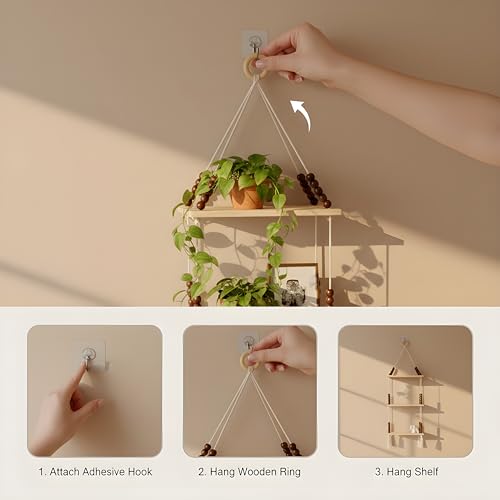 Image of 3-Tier Hanging Shelf with Wall Hook, Use Decor Plants, Books, Decorative Gift Items Nursery Livingroom Wooden Beads & Ring, Tassels Woven Bohemian