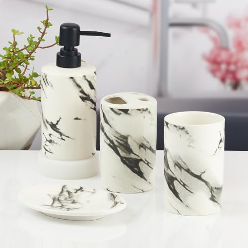 Image of SaSaSa Ceramic Bathroom Accessories Set of 4 Modern Bath Set with Soap Dispenser & Toothbrush Holder, Luxury Home & Gift Idea, White /Black (10391)