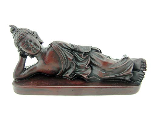 Buddha-Statue - Schlafende Nirvana-Meditationsskulptur - thailändische Buddhistische Figur - Feng Shui Heimdekoration - kleines Harz Bernstein Braun 14 cm Cover