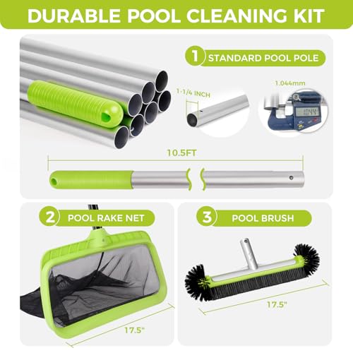 BoxedHome Swimming Pool Cleaning Kit with 10.5Ft Adjustable Aluminum Pole, 17.5" Rounded End Pool Brush Head & Deep Skimmer Net/Basket for Inground & Above Ground Pool