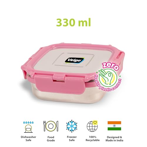 Image of Veigo Original Stainless Steel Medium Snack Box (300 ml), Airtight & Leakproof, Freezer & Dishwasher Safe, Snacks Box for School, Silicone Ring & Polymer Frame, Safe Lid Lock, Pink