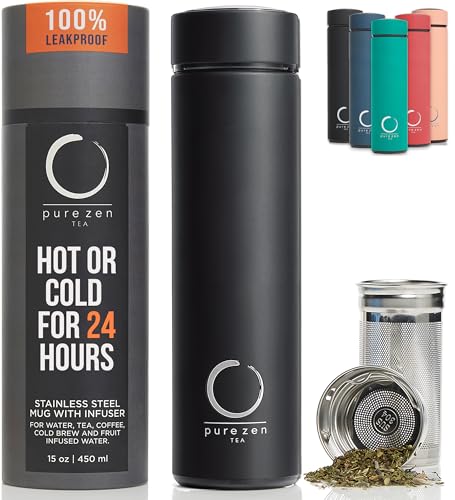 Comparison: Best Tea Infuser Travel Mug 4 Pure Zen Tea Thermos with Infuser for Hot and Cold Infusions, Coffee and Fruit-Infused Water - Stainless Steel - Tea Infuser Bottle - Leakproof Travel Mug with Filter - 15oz - Black