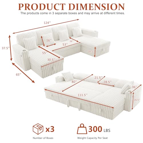 Image of 124'' Sectional Sleeper Sofa with Pull Out Bed, Storage Chaise, Adjustable Backrest, USB Charger, Cup Holder & Side Pocket, Fluffy Soft Corduroy U Shaped Couch for Living Room, Beige