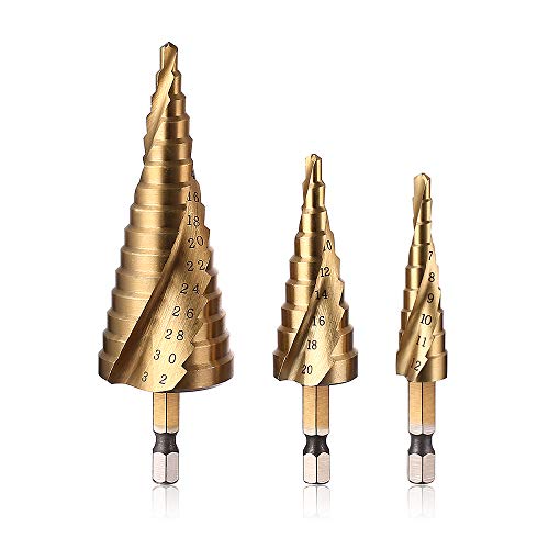 Step Drill Bit Set for Metal - JelBo 1/4inch High Speed Steel Titanium Coated Metric Spiral Groove Step Drill Bits Set, Hex Shank Hss Cone Uni Bit Kit for Hole Wood(3pcs/Set 4-12/4-20/4-32mm)