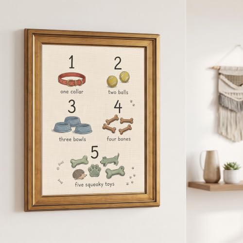 Framed Canvas Wall Art Whimsical Dog Accessories Numbers Warm Cream Linen Canvas Print Poster Gold Frame Wall Decor for Kids Room Nursery Playroom Art, Educational Poster - Inch 16x20 - Image 6