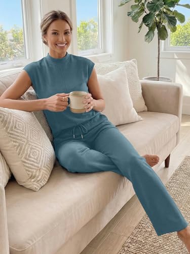 Casly Lamiit 2 Piece Sets for Women Summer Travel Outfits Casual Wide Leg Pants Short Sleeve Airport Lounge Sets Spring Clothes Storm Blue S — view 5