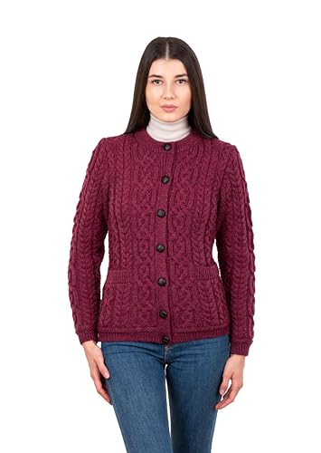 Image of SAOL 100% Merino Wool Ladies Irish Buttons Knit Cardigan Lumber Jacket with Pockets