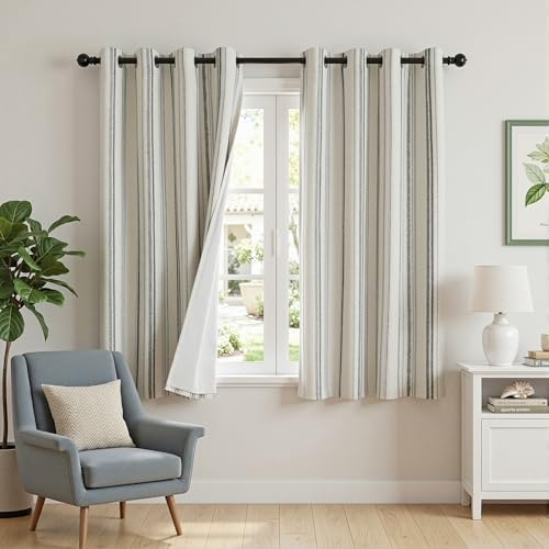Image of MYSKY HOME Striped Curtains 100% Blackout 96 Inches Long Grey Ticking Stripe Pinstripe Patterned Linen Farmhouse Double Layer Thermal Insulated Drapes for Living Room, Grommet, 2 Panels, 52 inch Wide