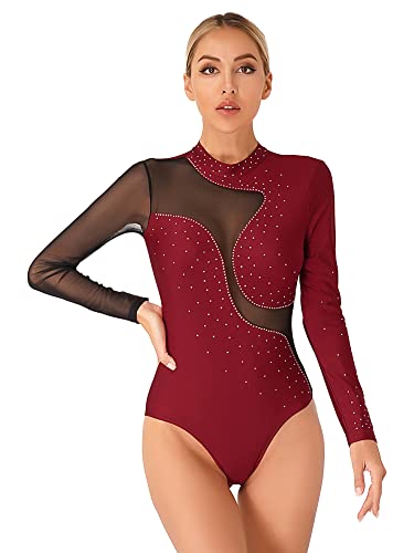 iEFiEL Damen Langarm Turnanzug Glitzer Tanzbody Ballett Trikotanzug Leotard Patchwork Gymnastikanzug Tanzanzug Wettbewerb Kostüm Burgundy Langarm M
