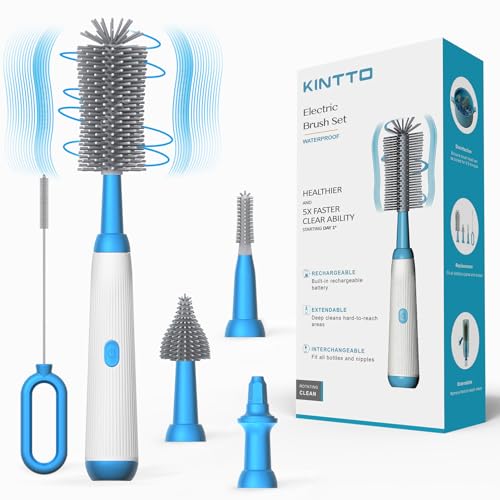 Image of KINTTO Electric Bottle Brush Cleaner with Rechargeable, Cleaning for Baby/Water/Wine/Thermos Bottles, Waterproof 2 Nipple and Straw Silicone Brush 1500mAh