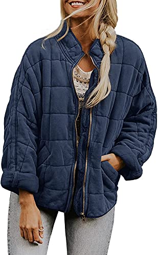 Quilted Jackets For Women Lightweight Womens Casual Padded Full Zip Stand Collar Jackets Coat Fashion Outerwear, Navy, X-Small