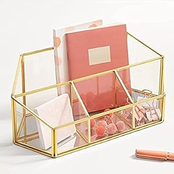 HUWIX Metal and Clear Glass Organizer with 4 Sections and Beautiful Gold Plating Decorative Desk Organizer Diary Pen Cosmetics Holder for Display 12 inches