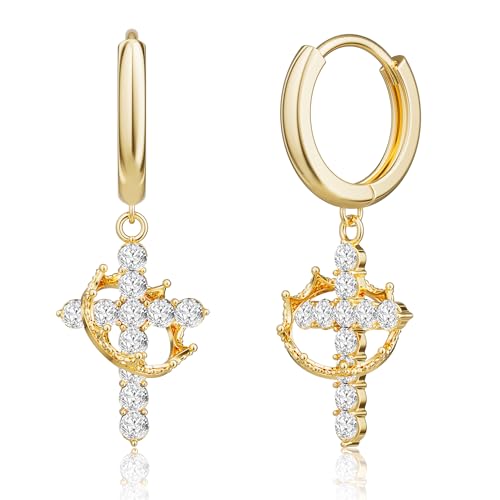 Gold Cross Dangle Earrings for Women - Trendy Dainty 14K Gold Plated Crown Huggie Hoop Earrings Hypoallergenic CZ Drop Earring Dangling Faith Religious Ornament Jewelry