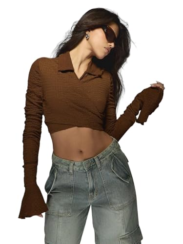 OOMPH! Women Textured Wrap Crop Top with Tie-Up Back | Collared Neck | Long Bell Sleeves | Stylish Casual & Vacation Top