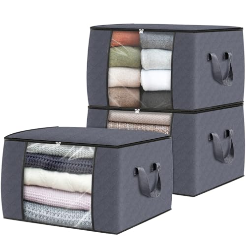 Image of Fab totes Storage Bags,Clothes Blanket Storage Bins Foldable Closet Organizers with Reinforced Handle for Home Dorm Storage and Organization,Fabric Bags for Organizing Sheets,Clothing (Grey,3 Pack)
