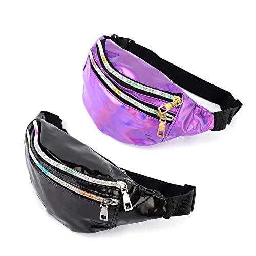2 Pieces Holographic Black Silver Purple Fanny Pack for Women - Great Cute Waist Pack Shiny Waist Bum Bag for Games, Concerts, Rave, Festival, Travel(Black+Purple)